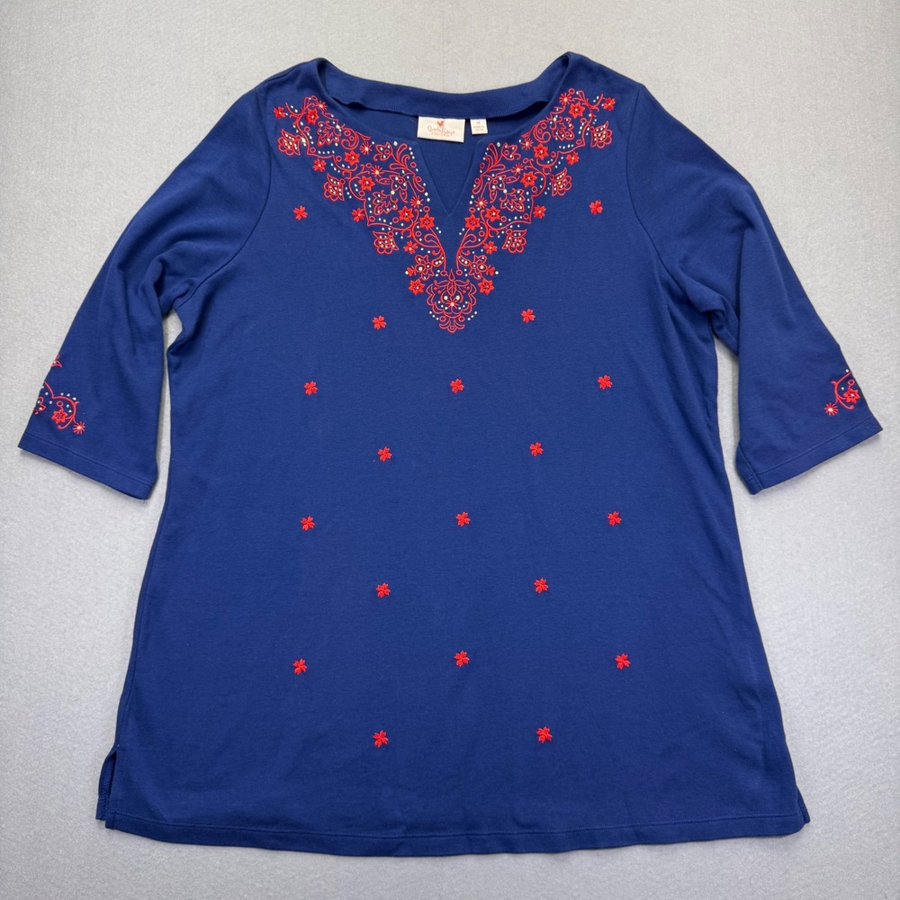 Quacker Factory‎ Royal Blue Embroidered V-Neck 3/4 Sleeve Tunic Top Plus 1X
